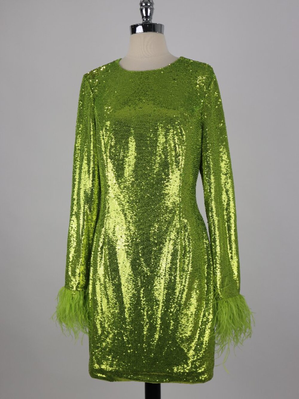 LBV Apple Green Sequin Mini Dress w Feathers NWT Tunic Party Holiday Halloween